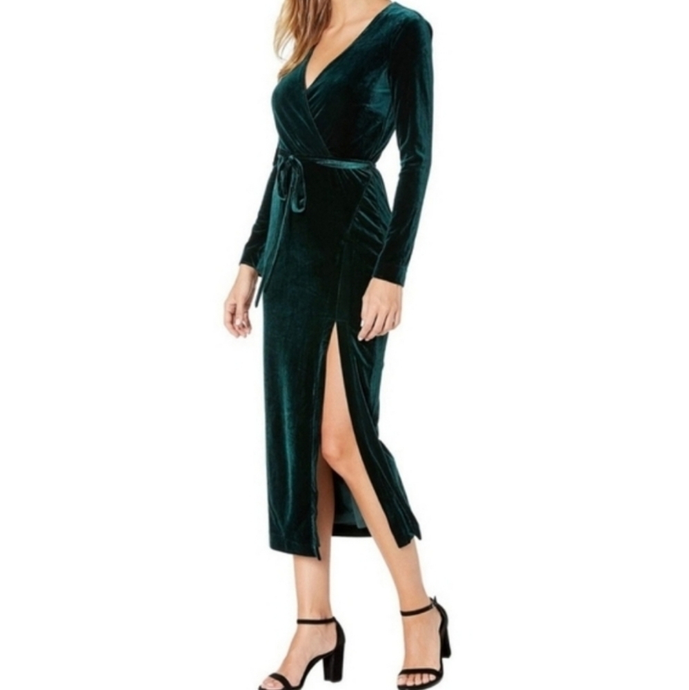 Bardot Green Velvet V Neck Long Sleeve Faux Wrap Long Midi Dress Size 6 NWT